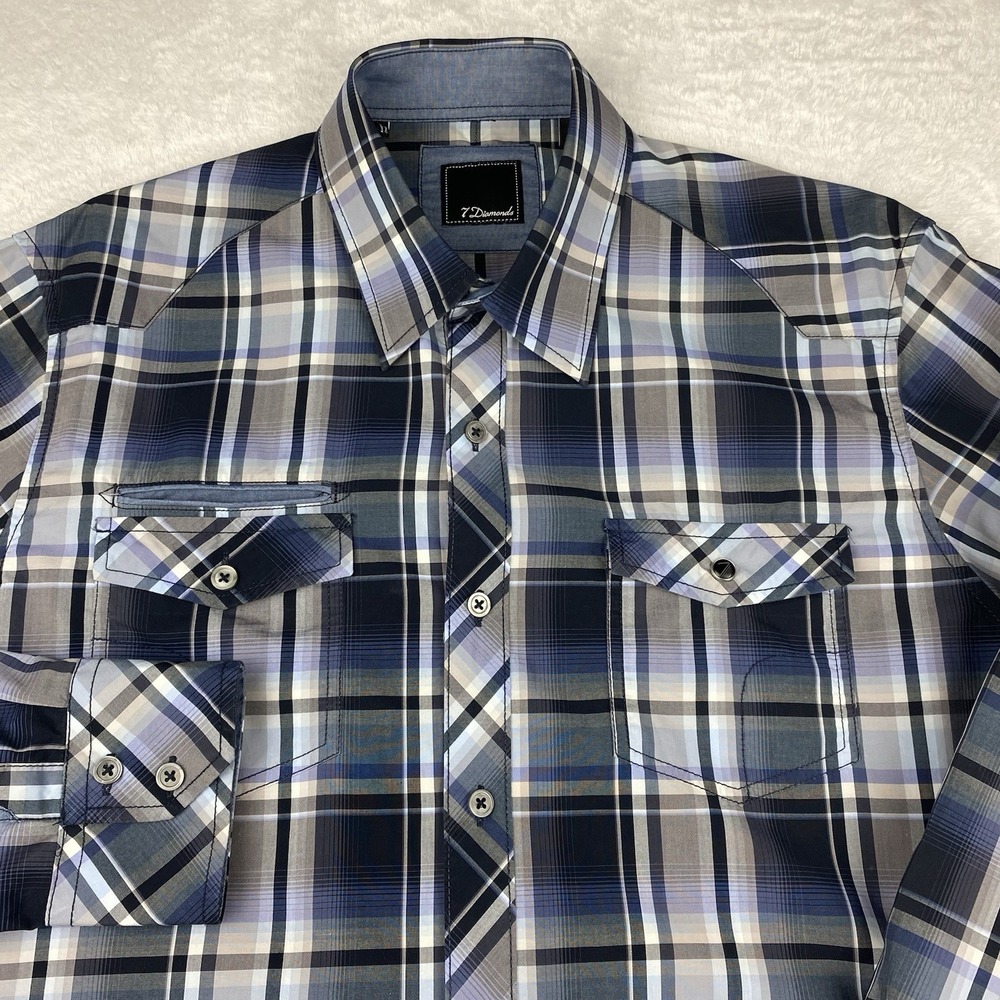 7 DIAMONDS Shirt Mens Large Blue Plaid Snap-Slit Pockets Flip Cuffs Long Sleeves